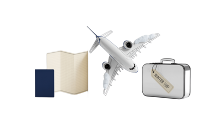 A collection of travel essentials, including a plane model, suitcase, passport, and a map.