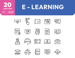 ELearning line icons set featuring graduation cap certificate book and online support