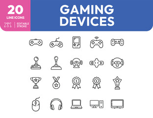 Gaming Devices Line Icons Controllers Joysticks Awards and Computer Peripherals
