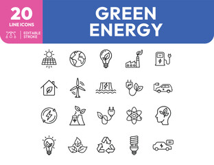 Green Energy Icons Solar Panel Earth Leaf Bulb Factory Electric Car