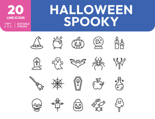 Halloween Spooky Line Icons Witch Hat Cauldron Pumpkin Ghost and More