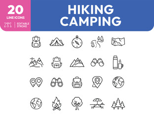 Hiking and Camping Line Icons Backpack Tent Compass Map and Campfire