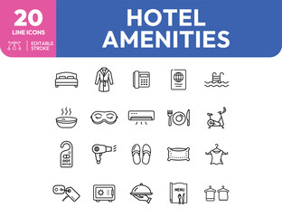 Hotel Amenities Line Icons Bed Bathrobe Passport Pool and More