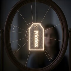 A glowing illuminated sign with the word 'Priceless' hanging on a mirror with a cracked surface, creating a reflective and artistic visual effect