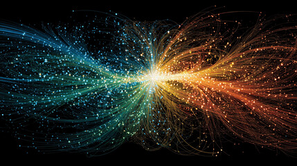 Futuristic quantum computing visualization featuring glowing qubits and entangled circuits. Neon light trails and abstract digital patterns convey advanced technology and computational complexity.