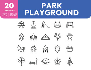 Park and playground line icons featuring picnic table fountain slide swing and trees