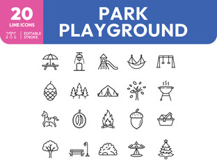 Park and Playground Line Icons Picnic Table Slide Hammock Bonfire and Christmas Tree