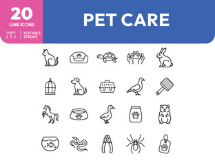 Pet Care Icons Diverse Animal Collection and Accessories in Line Art Style