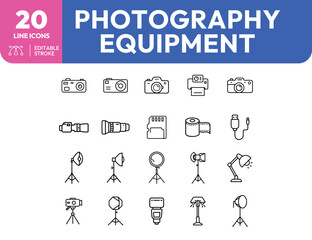 Photographic Equipment Line Icons Cameras Lenses Lighting and Accessories