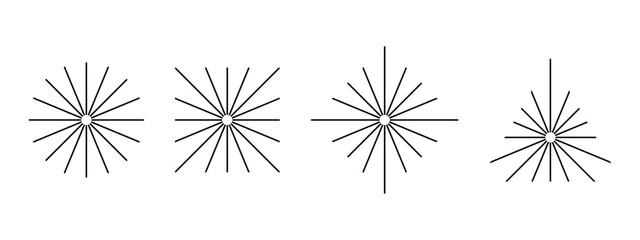 Straight radial lines in round, square and triangular shapes. Sun rays icons. Set of solar signs. Radiance, explosion or firework symbols isolated on white background. Vector graphic illustration.