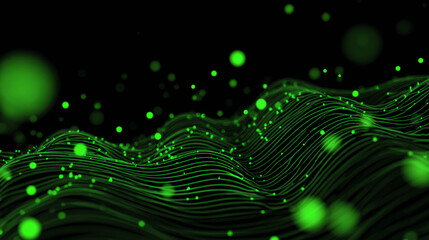 Abstract green wave illustration with glowing particles creating a dynamic visual experience