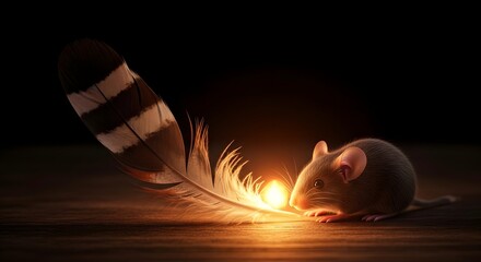 A tiny mouse with soft fur and delicate whiskers sitting on a dark surface near a glowing light source, with a large feather resting beside it in a serene and mysterious setting
