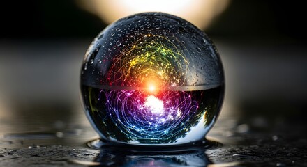 A glass sphere reflecting colorful light patterns and a bright central glow, creating a mesmerizing and abstract visual effect on a dark background