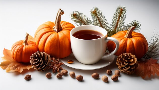 Autumn Harvest Composition With Pumpkins Pine Cones Nuts And A Cup Of Coffee On A White Background - Powered by Adobe