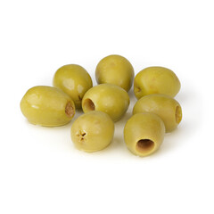 Glossy Green Pitted Olives – Premium Food Ingredient on White Background