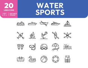 Water Sports Line Icons Jet Ski Speedboat Canoe Yacht Sailboat and More