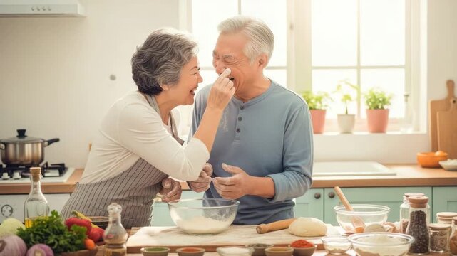 Senior couple enjoys happy moments making dough in a bright kitchen with fresh ingredients