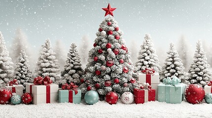 Christmas trees and presents covered in snow against a snowy forest backdrop.