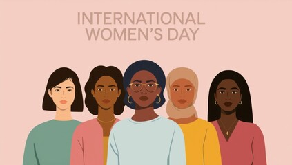 Diverse group of women celebrating international womens day on a soft pink background
