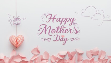 Happy mothers day message with pink heart, gift, and flower petals isolated on white background