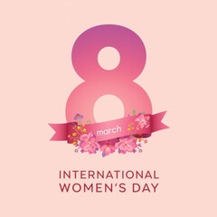 International womens day greeting card with number 8 and flowers on pink background