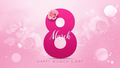 Happy womens day with number 8 and rose on pink background with bokeh effect