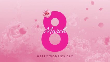 Happy womens day with number 8 and rose on pink background with soft focus effect