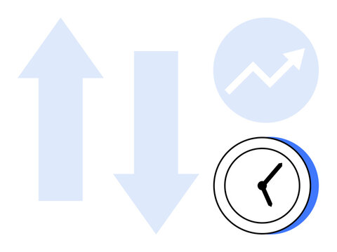 Two opposing arrows, a clock, and a growth chart with an upward trend. Ideal for business, productivity, time management, performance, progress efficiency and decision-making. A simple flat