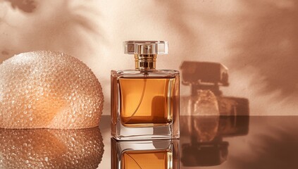 Luxury perfume bottle with golden liquid, illuminated by warm light and soft textures