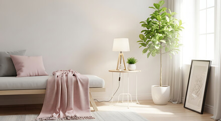 Bright living room with sofa, blanket, plant, lamp, and frame indoors