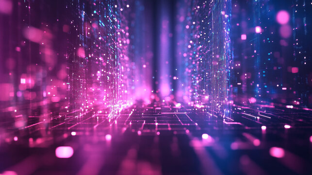 Futuristic quantum computing visualization featuring glowing qubits and entangled circuits. Neon light trails and abstract digital patterns convey advanced technology and computational complexity.