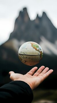 Hand holding globe in nature with mountain backdrop. A captivating composition of travel. Global awareness, environmental protection, wanderlust adventure.