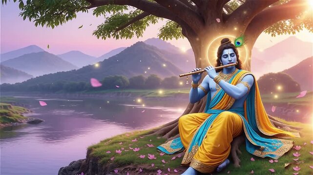 Lord Krishna Playing Flute in Vrindavan &mdash; Hindu God Animation, Traditional Spiritual Art, Indian Religious Culture