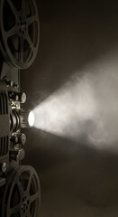 A vintage film projector casting a bright beam of light into the darkness, creating a nostalgic and cinematic atmosphere perfect for film enthusiasts and media projects