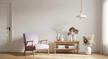 Modern living room interior with armchair, table, plant and decor on white wall