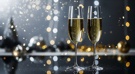 Close up of two champagne flutes with bokeh lights and confetti background