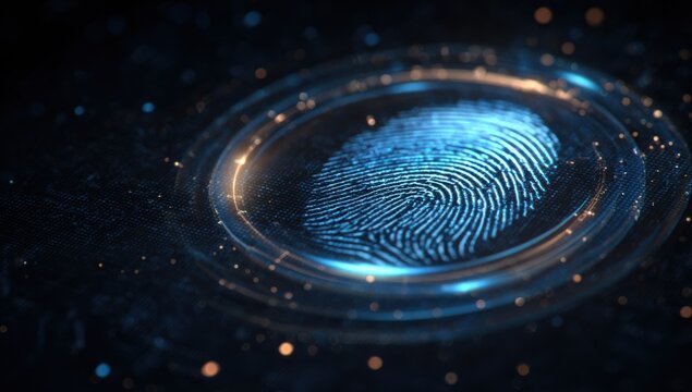 Cosmic biometric security concept with glowing blue fingerprint scan surrounded by golden aura in starry space