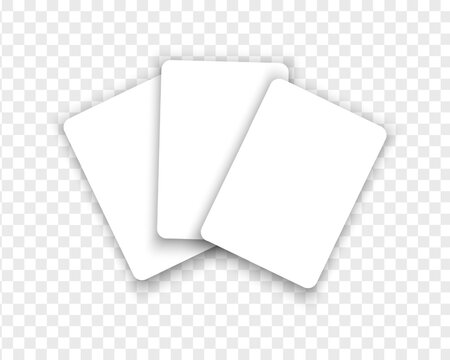 Three empty white playing cards isolated on transparent background. Playcard templates. Discount, gift or credit card mockups. Poker game concept. Vector realistic illustration.