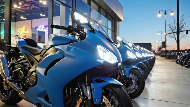 Row of sleek blue motorcycles parked outside a shop, illuminated at dusk