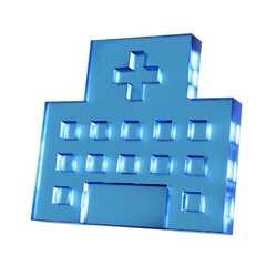 Obraz premium 病院のフラットなアイコンの3Dイラスト。透明感のある青いグラスモーフィズムなマーク