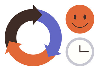 Circular arrow diagram symbolizing process, cycle, or strategy. Smiling face conveys satisfaction or positivity. Clock represents time, deadlines, or punctuality. Ideal for productivity, workflow