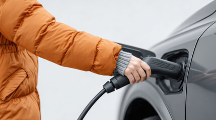 Electric car charging with hand holding plug in winter jacket