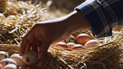 Close-Up HDR View of Sustainable Egg Collection in Straw Nests with Natural Soft Shadows