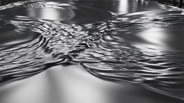 Abstract metallic liquid surface with flowing waves and reflections.