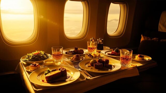 Luxury airline dining with sunset views aloft