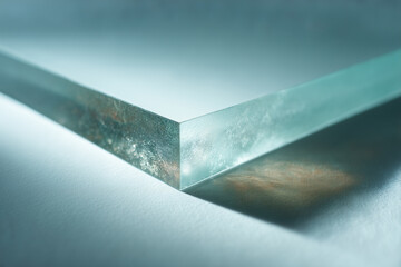 Premium frosted glass panel sample featuring a textured translucent edge and soft diffuse reflections on a minimal background, ideal for architectural material libraries, interior design references