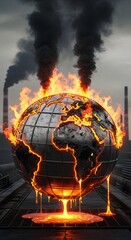 A digital rendering of a glowing Earth with continents outlined in fire, surrounded by dark smoke and pollution rising into a gloomy sky, symbolizing environmental crisis and climate change