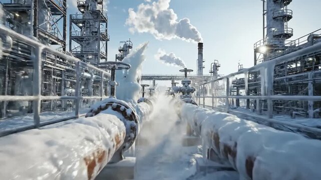Industrial complex with iced pipes, steam, and sky. Icy pipes and structures. Cold, snowy weather