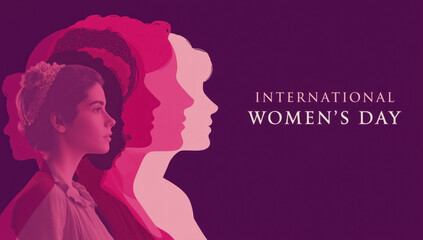 International womens day graphic with silhouettes of women and text on a purple background
