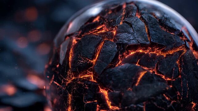 Close-up of cracked molten sphere with glowing lava veins and charred volcanic rock texture - Powered by Adobe
